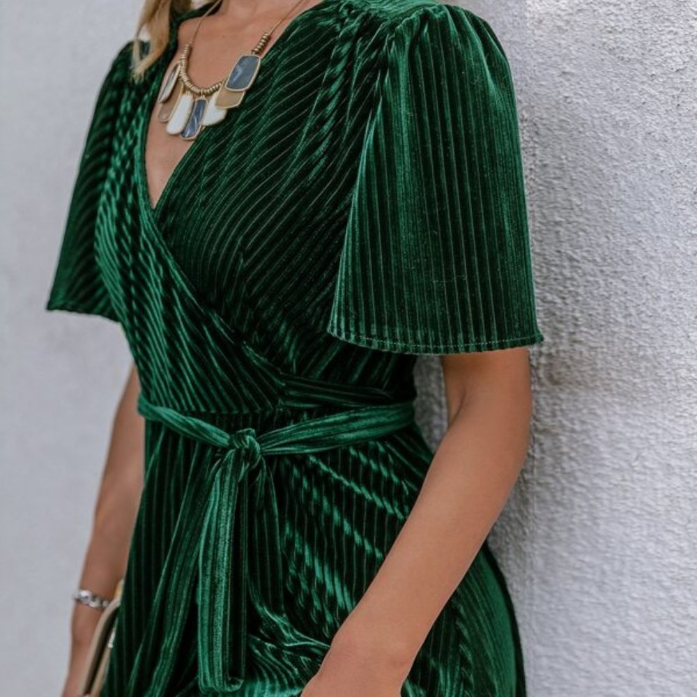 Wrap Knot Side High Low Hem Velvet Dress - Picture 2 of 7